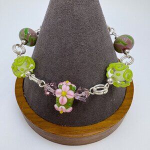 VTG Sterling Silver 925 Floral Glass Bead Chain Bracelet Size 8" Length